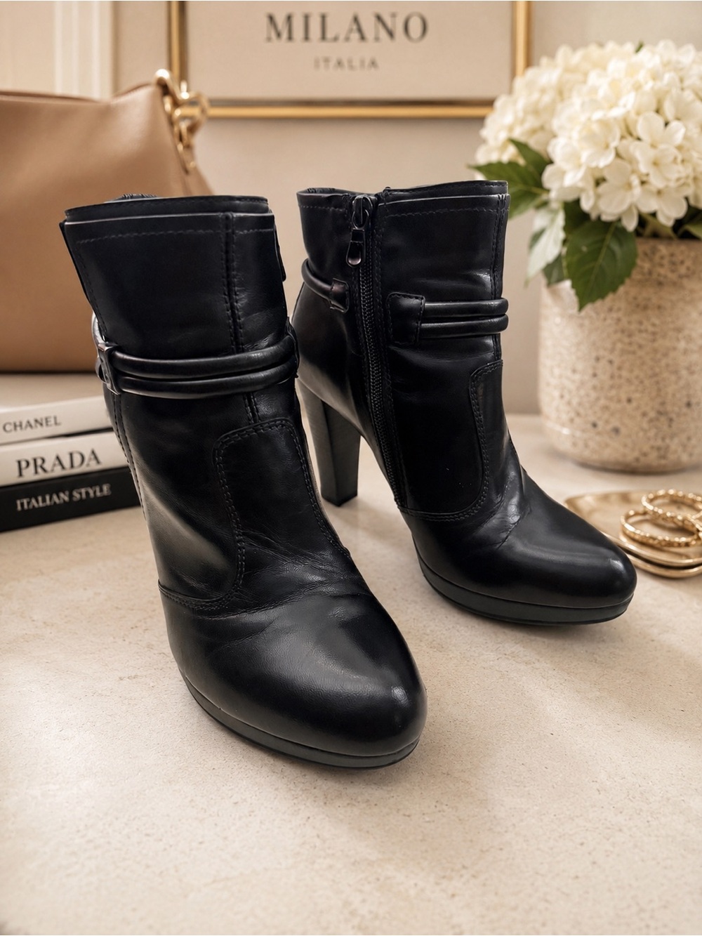 NeroGiardini Black Leather Ankle Boots Size Eu 36 Italian Block Heel Bootie